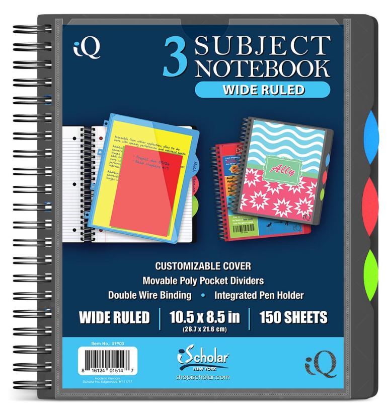 iQ 3 Subject Poly Notebook 10.5″ x 8.5″ Double Wire 150 Sheets