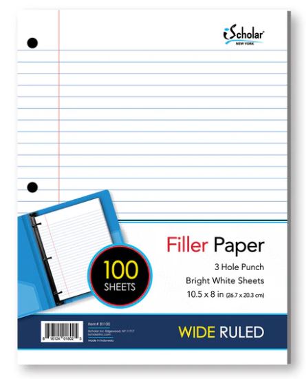 Filler Paper Wide Ruled 10.5" x 8" Pkg. 100